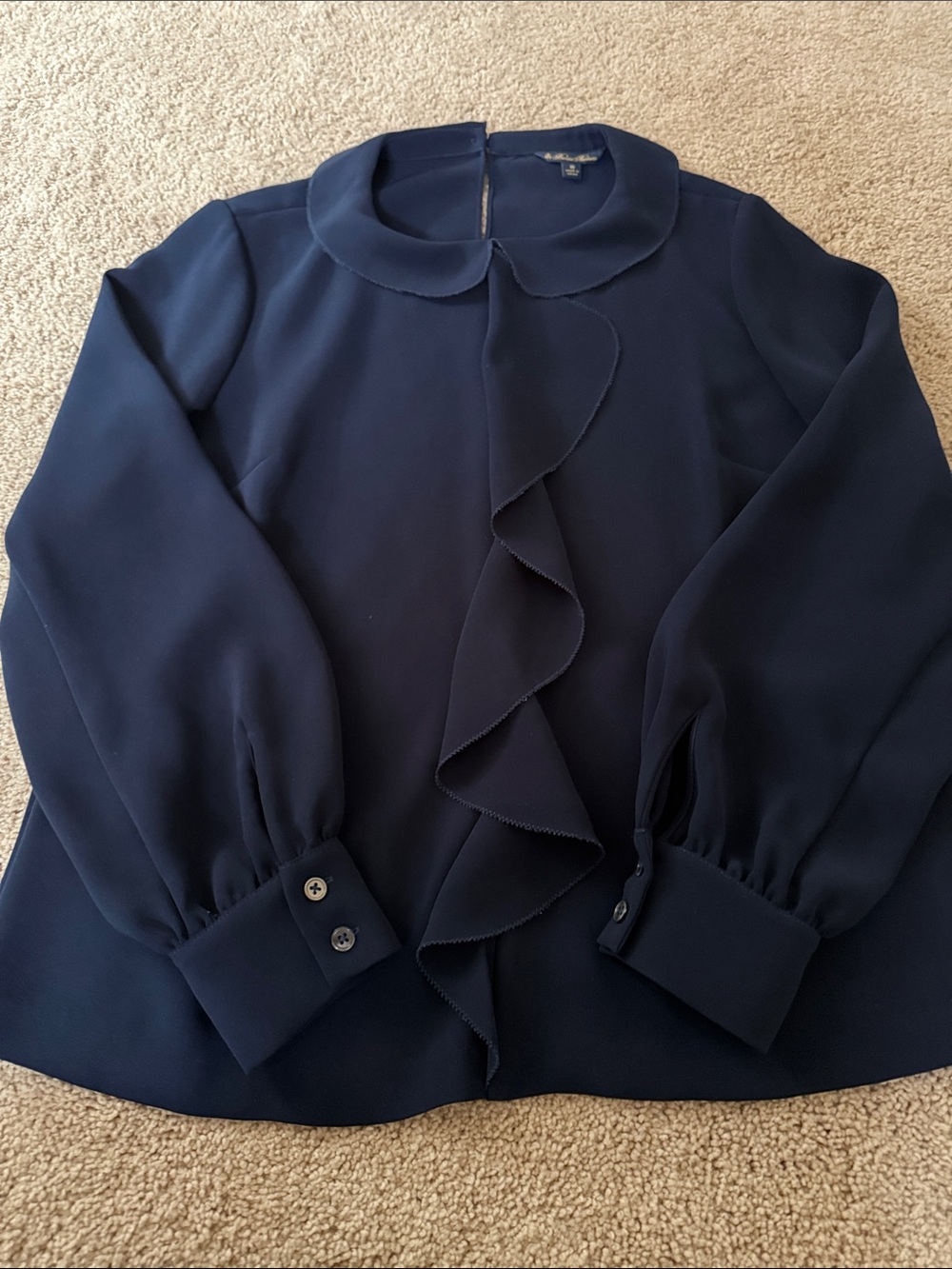 Brooks Brothers Navy Ruffle Front Long Sleeve Blouse